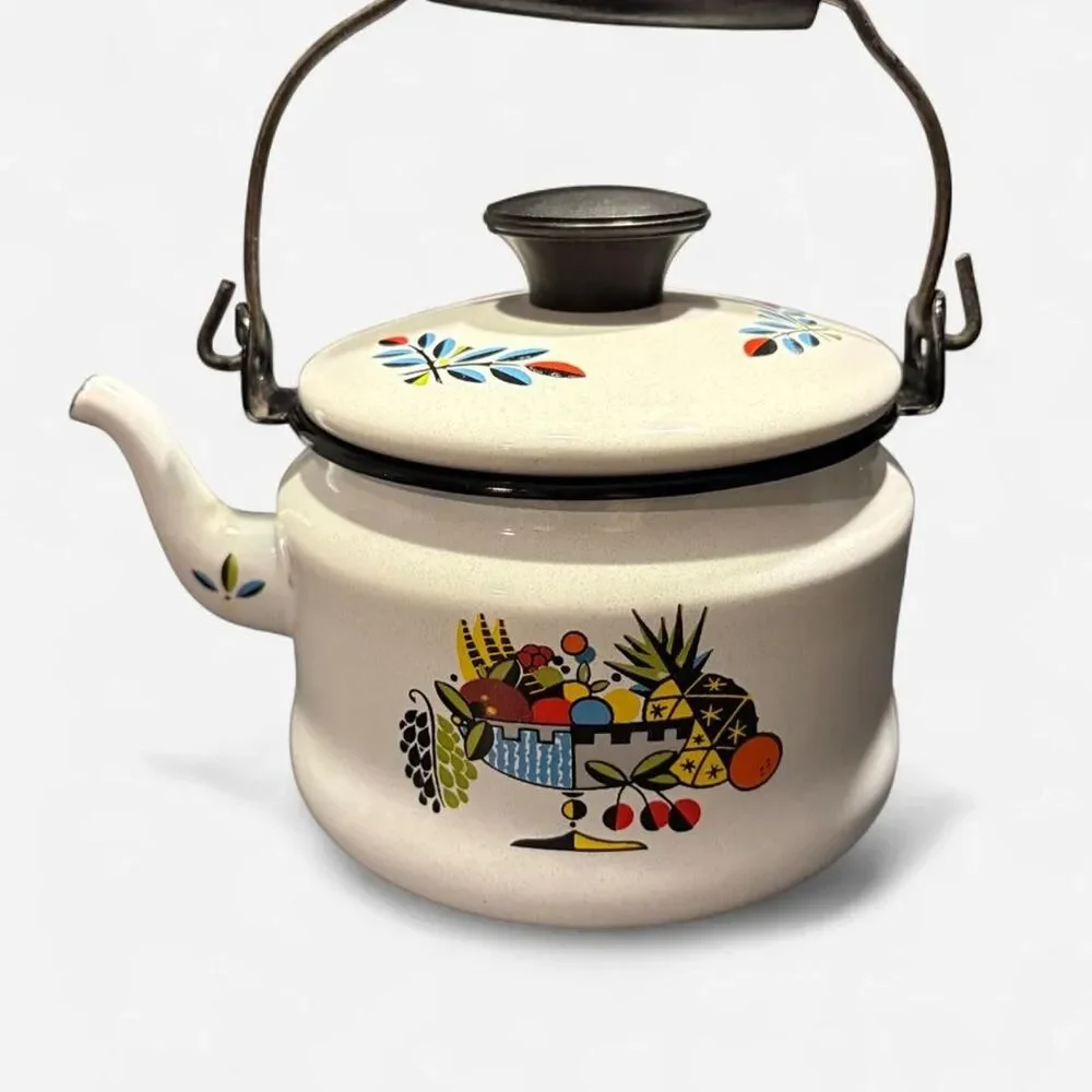 Vintage Retro White enamel tea kettle with fruit basket